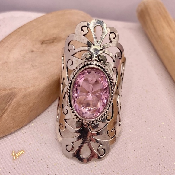 Radiant Pink Topaz Gemstone Handmade Shield Armor Filigree Ring - Picture 4 of 6